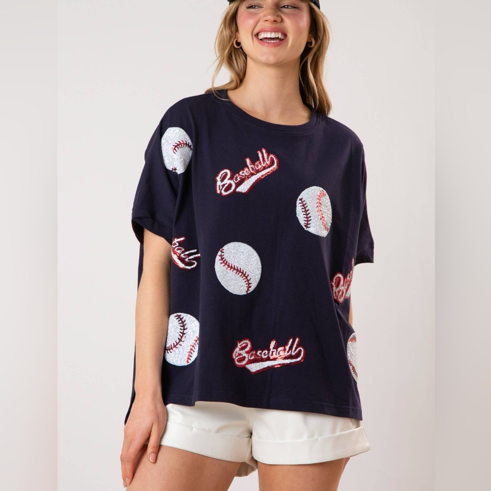 Fantastic Fawn Navy Sequin Baseball Loose Fit‎ Tee Size Small NWOT